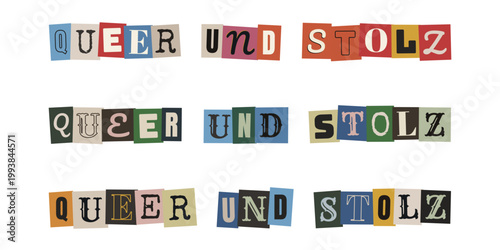 Queer und Stolz Schriftzug im Erpresserbrief Stil, LGBTQ Pride Slogan in Deutsch