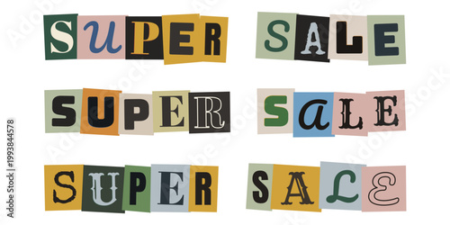 Super Sale Schriftzug im Erpresserbrief-Stil, bunte Buchstaben für Rabattaktionen und Marketing.