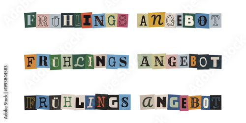 Frühlingsangebot im Erpresserbrief-Stil, bunte ausgeschnittene Buchstaben für kreatives Marketing