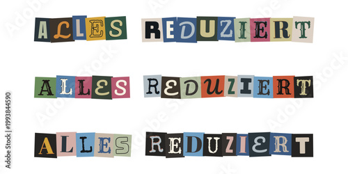 Alles reduziert Schriftzug im bunten Erpresserbrief-Stil für kreative Rabattaktionen und Sale