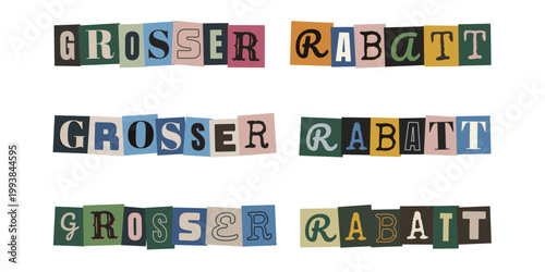 Grosser Rabatt Text im Erpresserbrief-Stil aus ausgeschnittenen Buchstaben fuer Marketing und Werbung