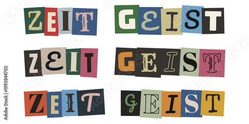 Zeitgeist Schriftzug im Collagen-Stil, bunte Buchstaben aus Zeitungen, Retro-Design für Trends