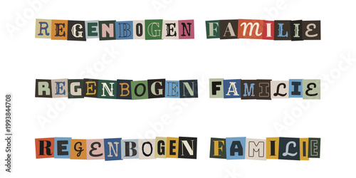 Regenbogenfamilie Schriftzug Collage für LGBTQ Diversität und Eltern
