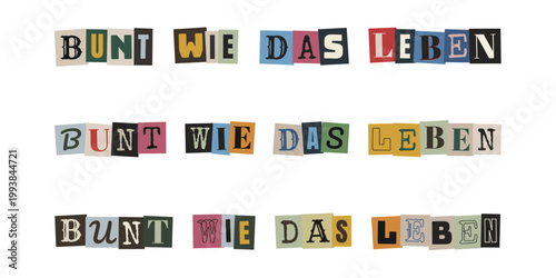 Bunt wie das Leben Schriftzug im Collagen-Stil für Neurodiversität, Vielfalt und Inklusion