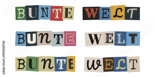 Bunte Welt Schriftzug aus bunten ausgeschnittenen Buchstaben für Inklusion und Neurodiversität