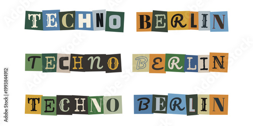 Techno Schriftzug im Erpresserbrief-Stil, DIY Fanzine Ästhetik für Underground Rave Events der Neunziger