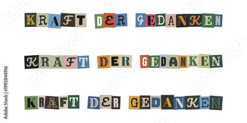 Kraft der Gedanken Schriftzug im Collagen-Stil für Manifestation, Psychologie und positives Denken