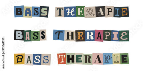Bass Therapie Schriftzug im Erpresserbrief Stil, Musiktherapie und Techno Subkultur