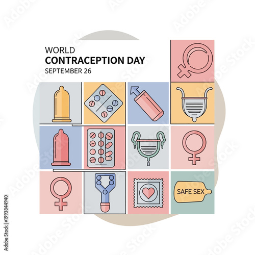 A graphic celebrating World Contraception Day on September 26, featuring a grid of icons representing various birth control methods and safe sex practices.