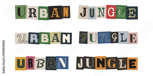 Urban Jungle Schriftzug im Erpresserbrief-Stil, Collage aus Zeitungsbuchstaben fuer Streetwear