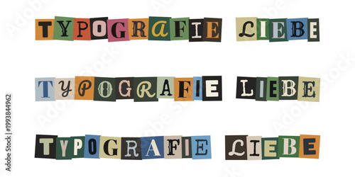 Typografie Liebe Schriftzug im Erpresserbrief Stil, bunte ausgeschnittene Buchstaben Collage