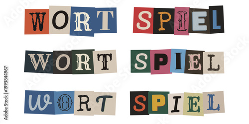 Wortspiel Schriftzug im Erpresserbrief Stil, kreatives Wortspiel Design fuer Raetsel und Spiele