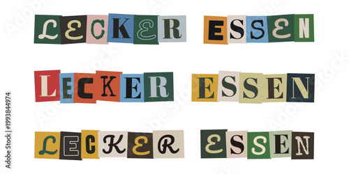Lecker Essen Schriftzug im Erpresserbrief Stil, Collagen Design fuer Food Blogs