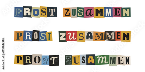 Prost zusammen Schriftzug im Erpresserbrief-Stil für digitale Teamevents und Feierabendbier