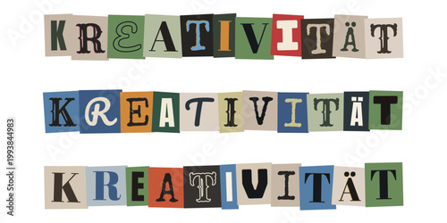 Kreativität Schriftzug im Erpresserbrief-Stil aus bunten Zeitungsschnipseln für Design-Workshops