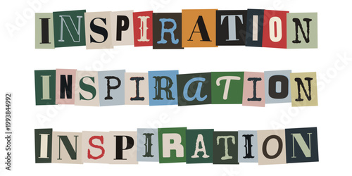 Wort Inspiration in Erpresserbrief Optik, kreatives Moodboard Design, bunte Buchstaben