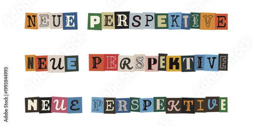 Neue Perspektive Schriftzug im Collagen Stil. Fokus auf Neurodiversität und kreatives Denken.