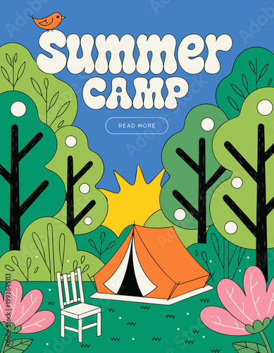 Summer camp scene with tent chair and trees outdoor adventure vector illustration