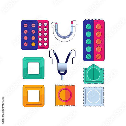 A collection of various birth control methods and contraception devices, including oral contraceptive pills, IUDs, diaphragms, and condoms, arranged on a white background.