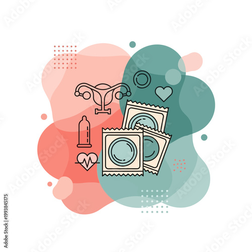 Abstract illustration featuring icons of condoms, female reproductive organs, and heart symbols, representing sexual health and contraception awareness.