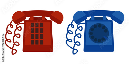 Vector flat illustration set of two vintage landline telephones
