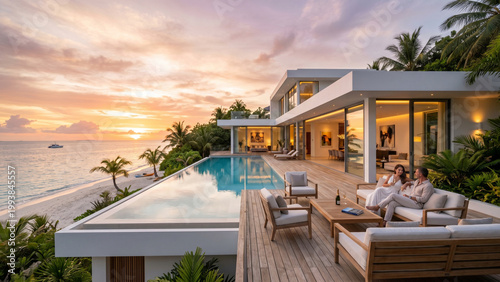 Luxury modern beachfront villa house with infinity pool, minimalist white architecture, warm sunset light, soft pastel sky, calm water reflection, ocean view, tropical plants, high end lifestyle