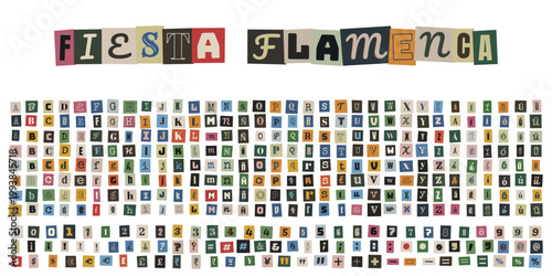 Alfabeto de recortes de revista estilo nota de rescate para fiesta flamenca