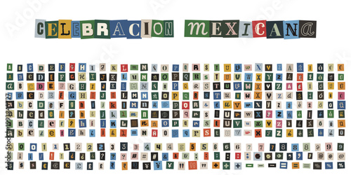 Alfabeto de recortes de revista estilo nota de rescate para celebracion mexicana