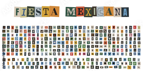 Alfabeto de recortes estilo nota de rescate para invitaciones de fiesta mexicana
