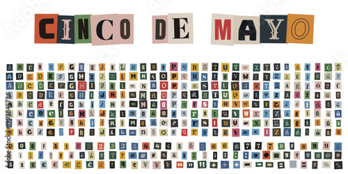 Alfabeto de recortes estilo nota de rescate para diseño de carteles de fiesta mexicana y eventos