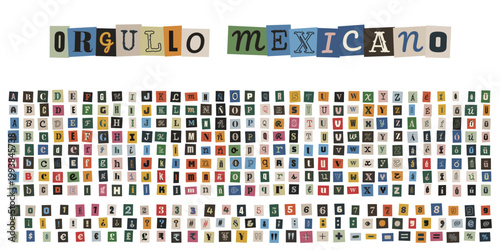 Alfabeto completo de recortes estilo collage con frase Orgullo Mexicano y números