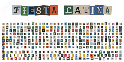 Alfabeto de recortes estilo nota de rescate para diseño de carteles de fiesta latina y eventos culturales