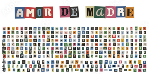 Alfabeto de recortes de revistas estilo nota de rescate anonima para diseno creativo