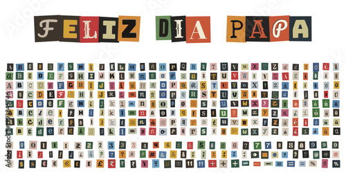 Alfabeto de letras recortadas estilo collage retro para tarjetas de feliz dia papa y manualidades