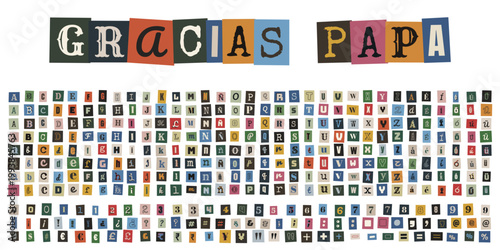 Alfabeto de letras recortadas estilo nota de rescate para mensaje de Gracias Papa Dia del Padre