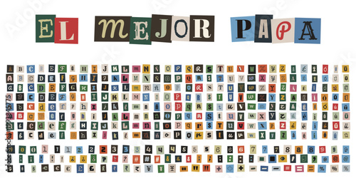 Alfabeto de letras de recortes estilo nota de rescate para tarjeta creativa del dia del padre el mejor papa