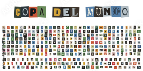 Alfabeto de recortes de periodico estilo nota de rescate para diseño de copa del mundo