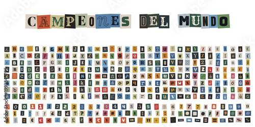 Alfabeto de recortes de periodico estilo nota de rescate anonima para diseño creativo