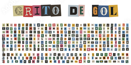 Alfabeto de letras recortadas estilo nota de rescate con frase Grito de Gol para diseño deportivo