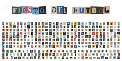 Alfabeto de recortes estilo nota de rescate para diseño de fiesta de futbol