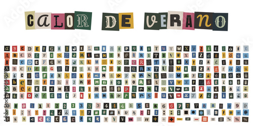 Alfabeto de recortes estilo nota de rescate con frase calor de verano