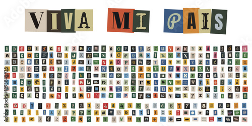 Alfabeto de recortes estilo nota de rescate con frase Viva mi pais para diseño de identidad nacional