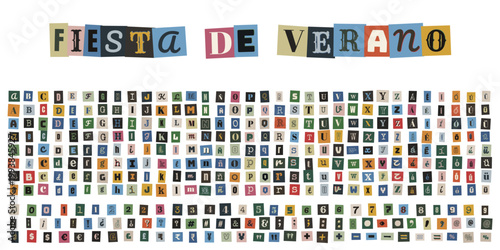 Alfabeto de letras recortadas estilo nota de rescate para invitaciones de fiesta de verano