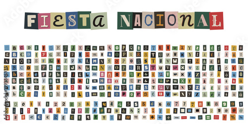 Alfabeto de recortes estilo nota de rescate para diseño de fiesta nacional