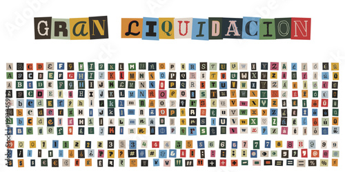 Alfabeto de letras recortadas estilo nota de rescate para cartel de gran liquidación y rebajas