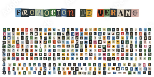 Alfabeto de recortes de revista para promoción de verano y diseño creativo artesanal