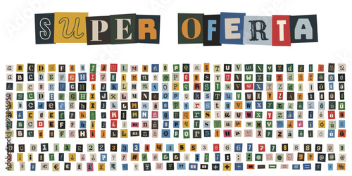Letras recortadas de revistas estilo nota de rescate para marketing y super oferta
