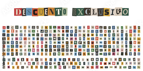 Alfabeto de recortes de revista estilo nota de rescate para marketing y descuento exclusivo