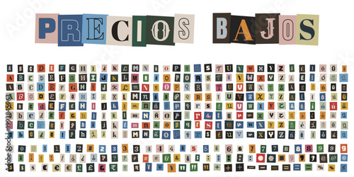 Alfabeto completo estilo nota de rescate con mensaje de precios bajos para publicidad