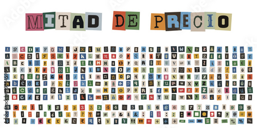 Letras de recortes estilo nota de rescate para carteles de rebajas y promociones de mitad de precio